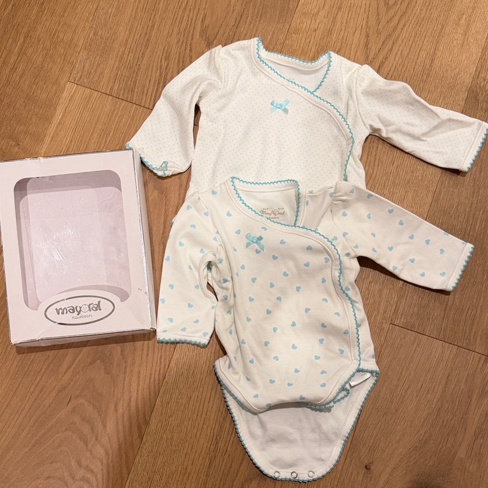 Mayoral White One-Piece Bodysuits with Light Blue Trim and Prints (Set of 2)